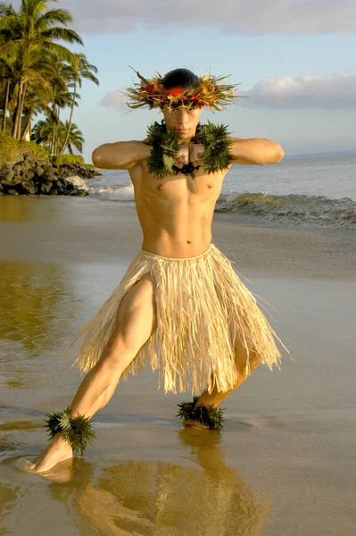 Hawaiian Male Hula Dancer hits a strength pose on the beach in Maui, Hawaii.