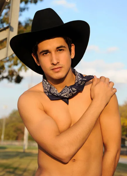 Sexy Cowboy Shirtloos Zwart Cowboy Hoed — Stockfoto