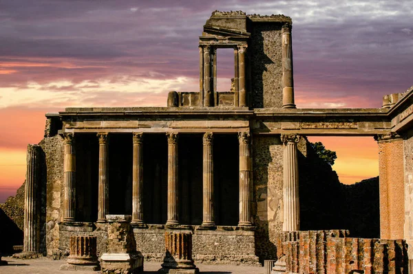 Ancient Roman Ruins Pompeii Basilica Sunset Dramatic Skies — Stock Photo, Image