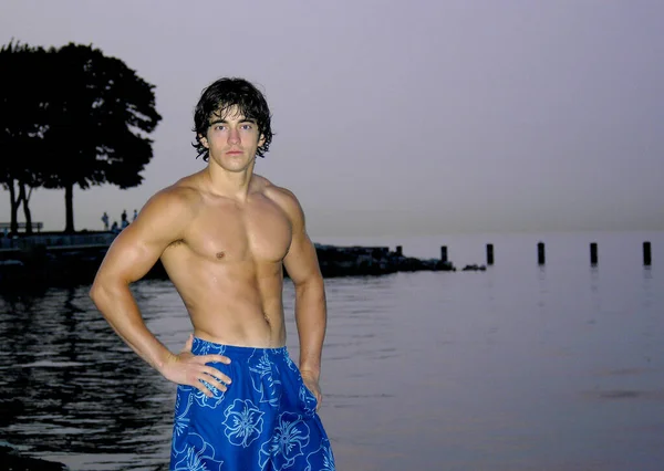 イリノイ州シカゴのミシガン湖の前で水着を着たハンサムな若い男がポーズをとっています — ストック写真