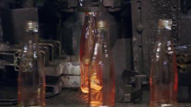 Cam şişe üretimi. Bir üretim tesisinde kırmızı sıcak cam şişeler