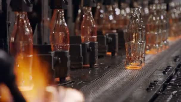 Produkcja Szklanych Butelek Czerwone Gorące Butelki Szklane Zakładzie Produkcyjnym — Wideo stockowe