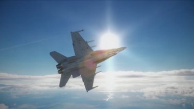 F-18 fighter jet flying fast armed with missiles. Computer animation