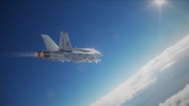 F-18 fighter jet flying fast armed with missiles. Computer animation