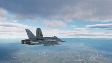 F-18 fighter jet flying fast armed with missiles. Computer animation
