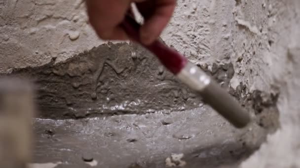 Close Brush Applying Mortar Waterproofing Bathroom Floor — Video Stock