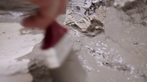 Close Brush Applying Mortar Waterproofing Bathroom Floor — Vídeo de Stock