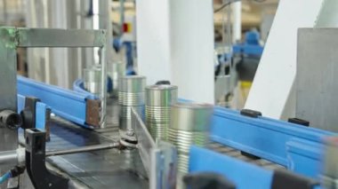 Konserve gıda üretim tesisinde hızlı bir taşıyıcı banttaki domates sosu kutuları.