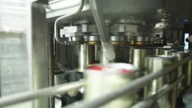 Konserve gıda üretim tesisinde hızlı bir taşıyıcı banttaki domates sosu kutuları.