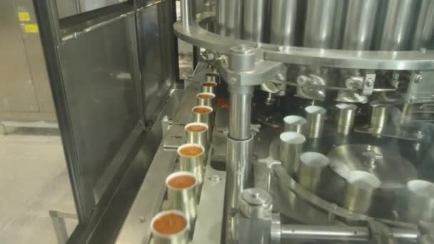 Tomatsåsburkar Ett Snabbt Transportband Anläggning För Produktion Konserverad Mat — Stockvideo