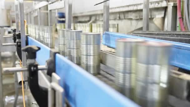 罐头食品生产装置中快速输送带上的番茄酱罐 — 图库视频影像