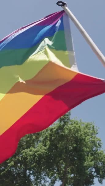 Rallentatore Della Bandiera Arcobaleno Sventola Durante Una Parata Dell Orgoglio — Video Stock