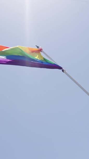 Langzame Beweging Van Regenboogvlag Zwaaiend Tijdens Een Trotse Parade — Stockvideo