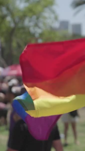 プライドパレード中に手を振る虹の旗のスローモーション — ストック動画