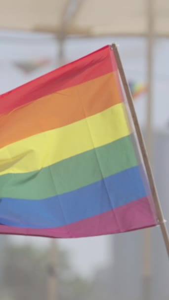 Movimiento Lento Bandera Del Arco Iris Ondeando Durante Desfile Orgullo — Vídeo de stock