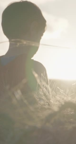Mladý Chlapec Stojí Zlatém Poli Během Západu Slunce — Stock video