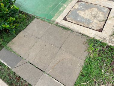 Yakınlarda yeşil bir duvar ve çimenli kırık bir kaldırım..