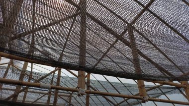 Ağ çatılı bir yapının görüntüsü, muhtemelen gölgelendirme veya tarama için