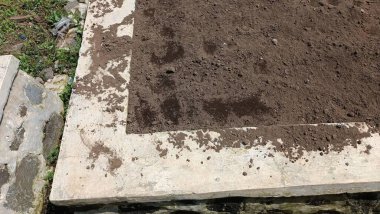 Taştan bir yüzey üzerinde bir toprak parçası, muhtemelen ekime ya da bahçıvanlığa hazırdır..