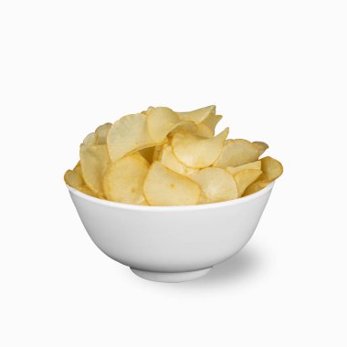 Cassava chips in a bowl, isolated on white background