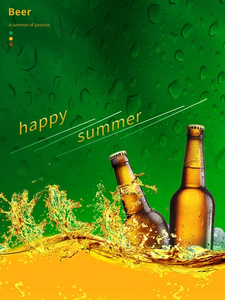 Yeşil bira şişesi ve bardakta su damlası. resimleme