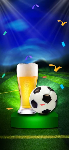 Ποδόσφαιρο Και Μπάλα Ποδοσφαίρου Πράσινο Πανί Και Αφρώδες Ποτήρι Μπύρας — Φωτογραφία Αρχείου