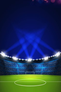 Yeşil bir sahanın arka planında futbol topu olan bir stadyumun 3 boyutlu görüntüsü