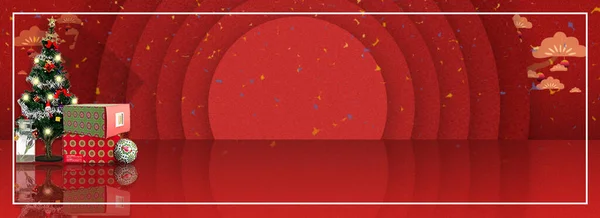 Yeni yıl arkaplanda Çin fenerleri, masada kırmızı toplar ve hediye kutusunun soyut bir görüntüsü var.