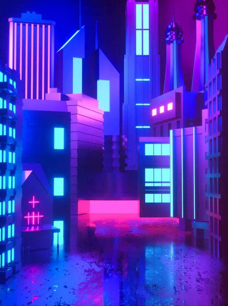Cyberpunk Nacht Stad Met Neon Lichten Gloeiende Lampen — Stockfoto