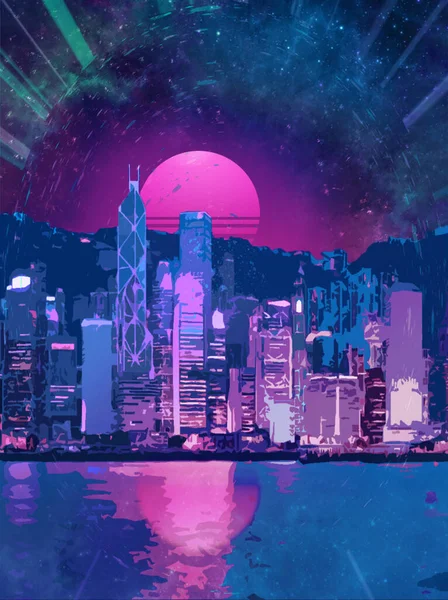 Cyberpunk Νυχτερινή Άποψη Της Πόλης — Φωτογραφία Αρχείου