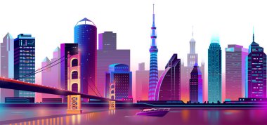Cyberpunk şehri gece sahnesi, vektör illüstrasyonu