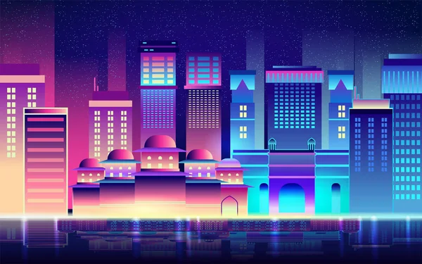 Cyberpunk Schrittweise Veränderung Zukunft Stadtarchitektur Technologie Nacht Landschaft Hintergrund Vektorillustration — Stockvektor