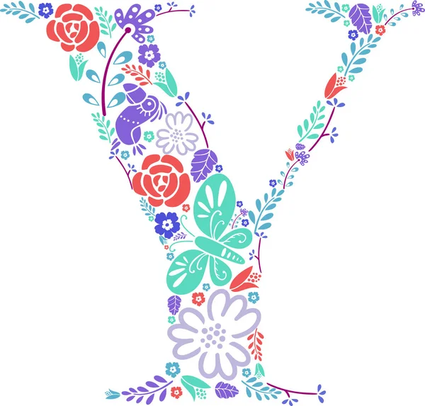 Çiçek ve yapraklı çiçek deseni... Y harfi dizaynı. Vektör illüstrasyonu