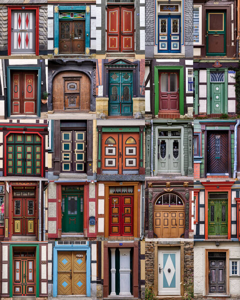 Colage of colorful medievals windows in Germany's houses 