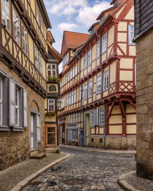 Quedlinburg, Saksonya Anhalt, Almanya 'daki Picturesque şehir manzarası