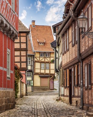 Quedlinburg, Saksonya-Anhalt, Almanya 'daki Peri masalı şehir manzarası