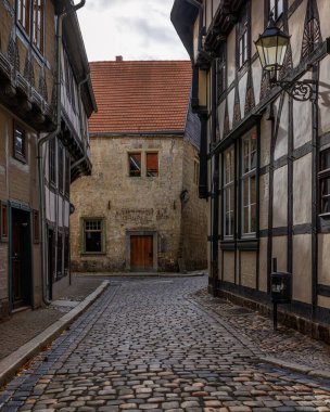 Quedlinburg, Saksonya-Anhalt, Almanya 'daki Peri masalı şehir manzarası