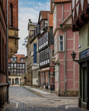 Quedlinburg, Saksonya-Anhalt, Almanya 'daki Peri masalı şehir manzarası