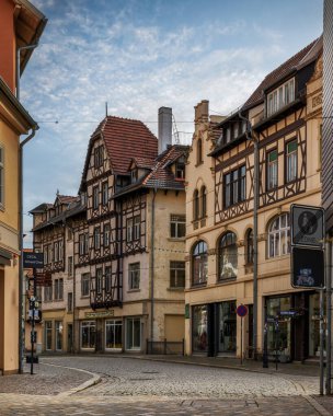 Quedlinburg, Saksonya-Anhalt, Almanya 'daki Peri masalı şehir manzarası