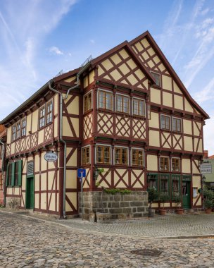 Quedlinburg, Saksonya-Anhalt, Almanya 'daki Peri masalı şehir manzarası