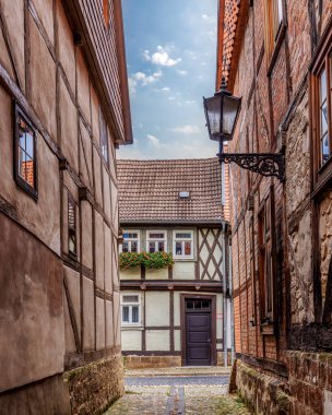 Quedlinburg, Saksonya-Anhalt, Almanya 'daki Peri masalı şehir manzarası