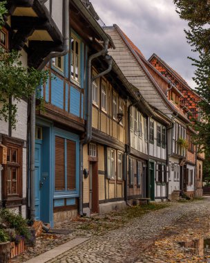 Quedlinburg, Saksonya-Anhalt, Almanya 'daki Peri masalı şehir manzarası