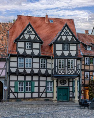 Quedlinburg, Saksonya-Anhalt, Almanya 'daki Peri masalı şehir manzarası