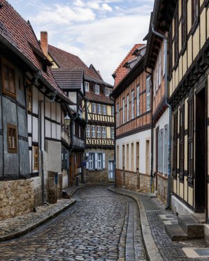 Quedlinburg, Saksonya-Anhalt, Almanya 'daki Peri masalı şehir manzarası