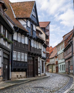 Quedlinburg, Saksonya-Anhalt, Almanya 'daki Peri masalı şehir manzarası