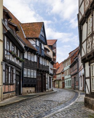 Quedlinburg, Saksonya-Anhalt, Almanya 'daki Peri masalı şehir manzarası