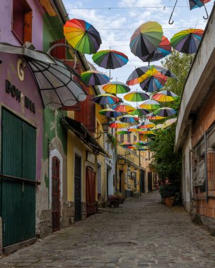 Macaristan 'ın Szemtendre şehrinde şemsiyeli ve renkli evleri olan eski bir sokak.