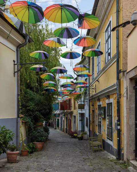 stock image street with colorful umbrellas