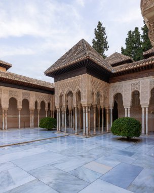 Alhambra Sarayı 'nın avlusu. Çeşmeli ve binalı.