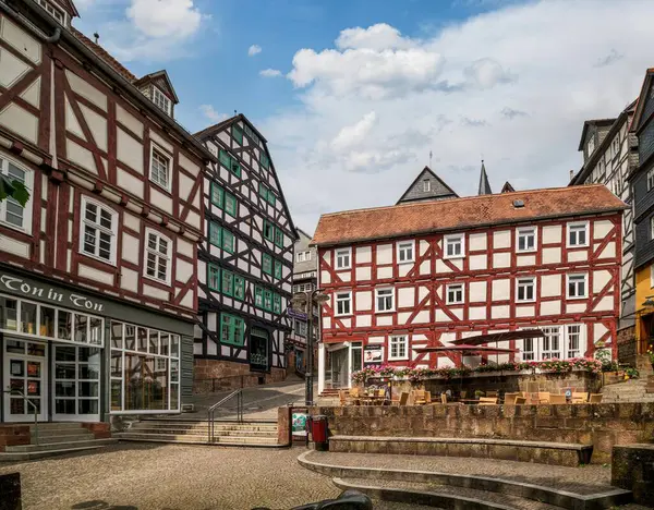 stock image The medieval german old town of Marburg and tis typical half-timbered buildings